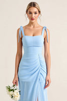 Load image into Gallery viewer, Sky Blue Sheath Maxi Tiered Bridesmaid Dress with Slit