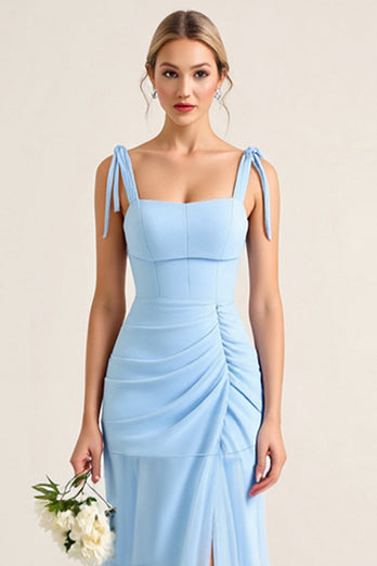 Sky Blue Sheath Maxi Tiered Bridesmaid Dress with Slit