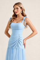 Load image into Gallery viewer, Sky Blue Sheath Maxi Tiered Bridesmaid Dress with Slit