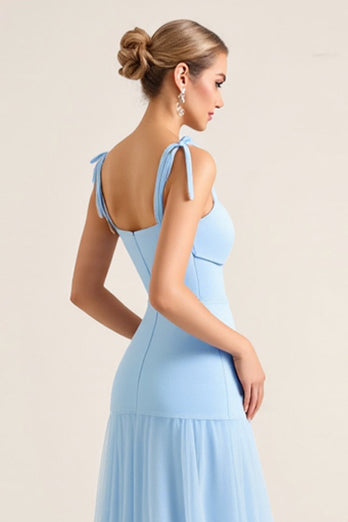 Sky Blue Sheath Maxi Tiered Bridesmaid Dress with Slit