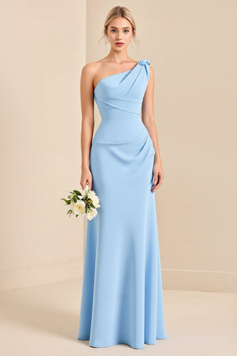 Sky Blue One Shoulder Sheath Maxi Bridesmaid Dress
