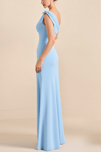 Sky Blue One Shoulder Sheath Maxi Bridesmaid Dress