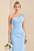 Load image into Gallery viewer, Sky Blue One Shoulder Sheath Maxi Bridesmaid Dress