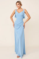 Load image into Gallery viewer, Sky Blue Maxi V Neck Ruched Sheath Bridesmaid Dress with Ruffles