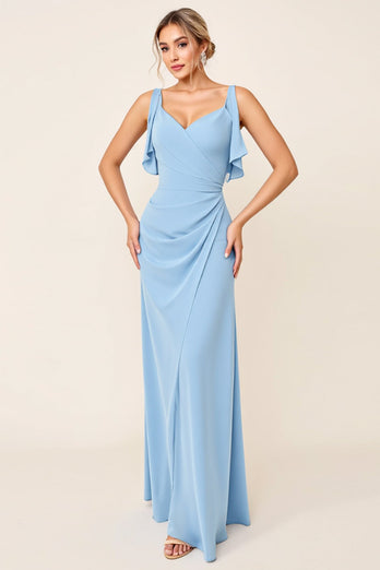 Sky Blue Maxi V Neck Ruched Sheath Bridesmaid Dress with Ruffles