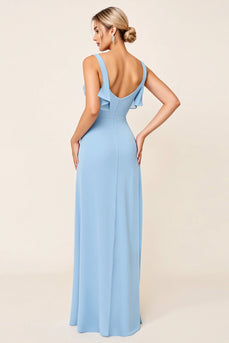 Sky Blue Maxi V Neck Ruched Sheath Bridesmaid Dress with Ruffles