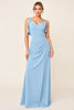 Load image into Gallery viewer, Sky Blue Maxi V Neck Ruched Sheath Bridesmaid Dress with Ruffles