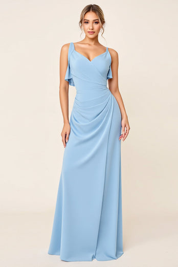 Sky Blue Maxi V Neck Ruched Sheath Bridesmaid Dress with Ruffles