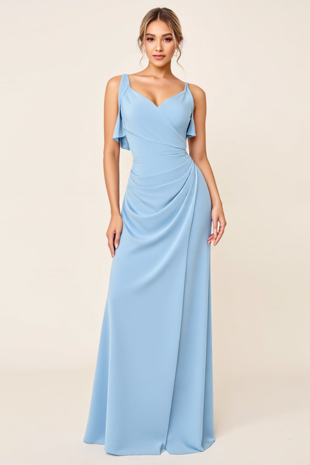 Sky Blue Maxi V Neck Ruched Sheath Bridesmaid Dress with Ruffles