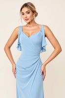 Load image into Gallery viewer, Sky Blue Maxi V Neck Ruched Sheath Bridesmaid Dress with Ruffles