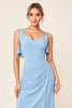 Load image into Gallery viewer, Sky Blue Maxi V Neck Ruched Sheath Bridesmaid Dress with Ruffles