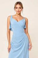 Load image into Gallery viewer, Sky Blue Maxi V Neck Ruched Sheath Bridesmaid Dress with Ruffles