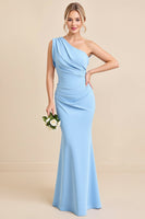 Load image into Gallery viewer, Sky Blue One Shoulder Mermaid Maxi Bridesmaid Dress