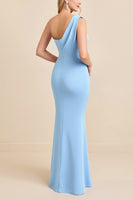 Load image into Gallery viewer, Sky Blue One Shoulder Mermaid Maxi Bridesmaid Dress