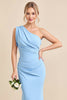 Load image into Gallery viewer, Sky Blue One Shoulder Mermaid Maxi Bridesmaid Dress