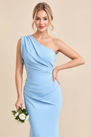 Load image into Gallery viewer, Sky Blue One Shoulder Mermaid Maxi Bridesmaid Dress