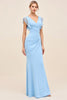 Load image into Gallery viewer, Sky Blue Maxi V Neck Sheath Ruched Bridesmaid Dress with Ruffles