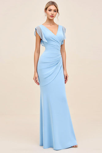 Sky Blue Maxi V Neck Sheath Ruched Bridesmaid Dress with Ruffles