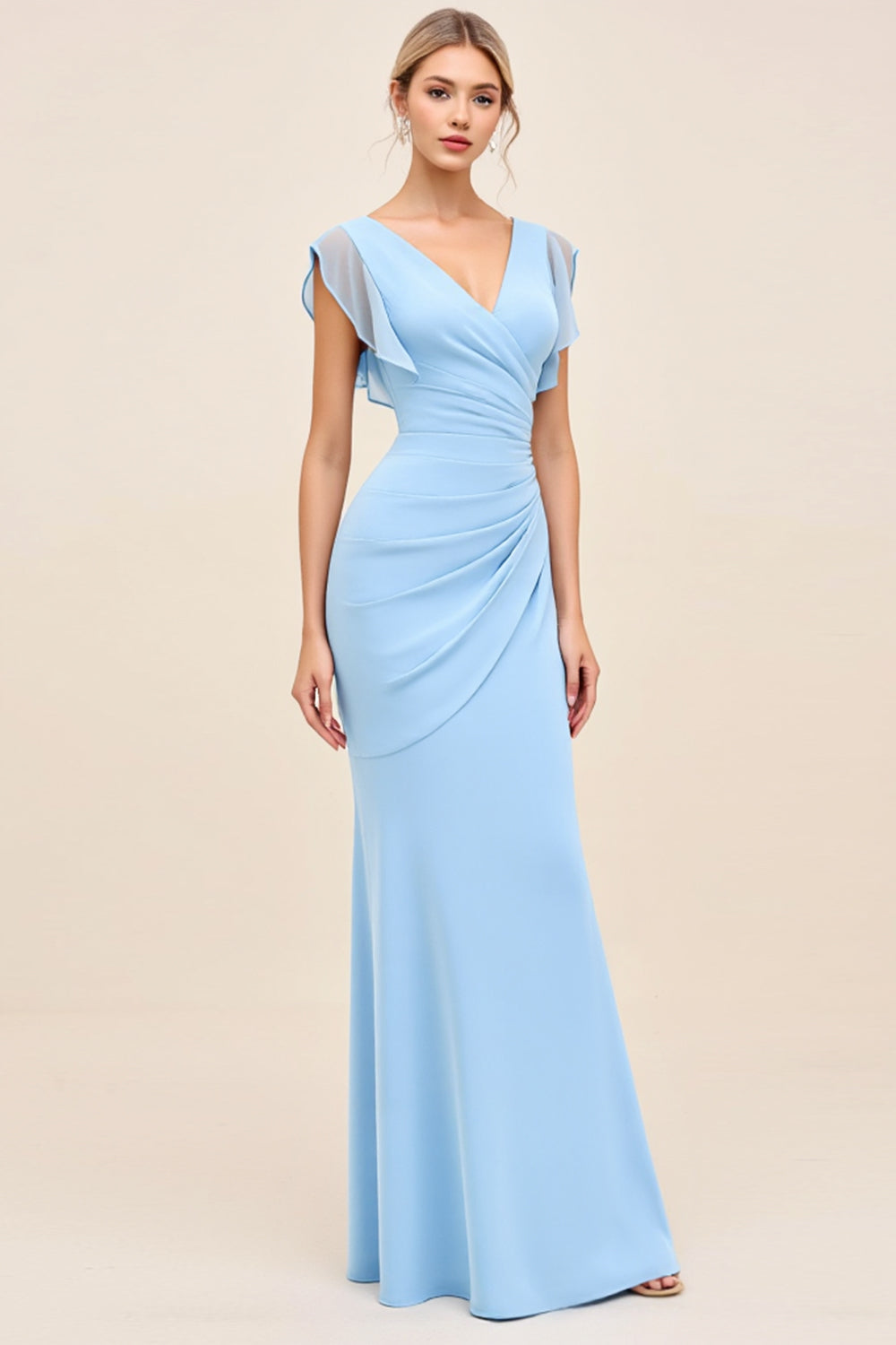 Sky Blue Maxi V Neck Sheath Ruched Bridesmaid Dress with Ruffles