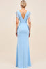 Load image into Gallery viewer, Sky Blue Maxi V Neck Sheath Ruched Bridesmaid Dress with Ruffles
