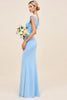 Load image into Gallery viewer, Sky Blue Maxi V Neck Sheath Ruched Bridesmaid Dress with Ruffles