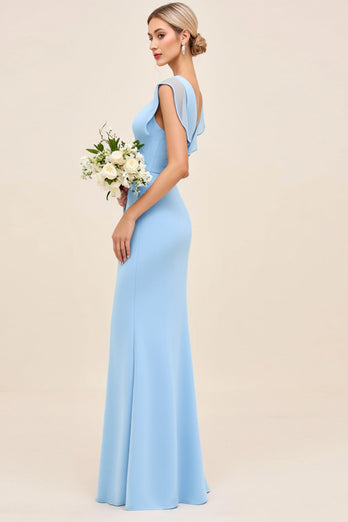 Sky Blue Maxi V Neck Sheath Ruched Bridesmaid Dress with Ruffles