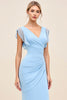 Load image into Gallery viewer, Sky Blue Maxi V Neck Sheath Ruched Bridesmaid Dress with Ruffles