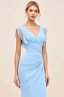 Load image into Gallery viewer, Sky Blue Maxi V Neck Sheath Ruched Bridesmaid Dress with Ruffles