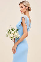 Load image into Gallery viewer, Sky Blue Maxi V Neck Sheath Ruched Bridesmaid Dress with Ruffles