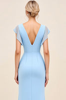 Load image into Gallery viewer, Sky Blue Maxi V Neck Sheath Ruched Bridesmaid Dress with Ruffles