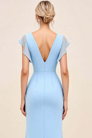 Sky Blue Maxi V Neck Sheath Ruched Bridesmaid Dress with Ruffles