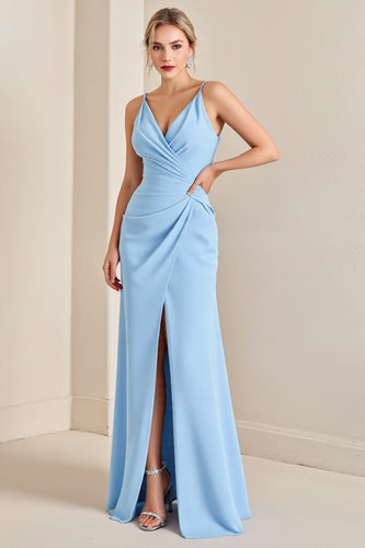 Sky Blue Spaghetti Straps Sheath Maxi Bridesmaid Dress with Slit