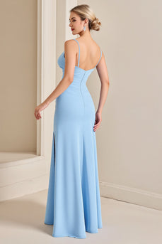 Sky Blue Spaghetti Straps Sheath Maxi Bridesmaid Dress with Slit