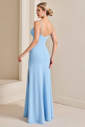Sky Blue Spaghetti Straps Sheath Maxi Bridesmaid Dress with Slit
