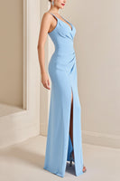 Load image into Gallery viewer, Sky Blue Spaghetti Straps Sheath Maxi Bridesmaid Dress with Slit