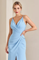 Load image into Gallery viewer, Sky Blue Spaghetti Straps Sheath Maxi Bridesmaid Dress with Slit