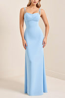 Load image into Gallery viewer, Simple Sky Blue Sheath Spaghetti Straps Maxi Bridesmaid Dress