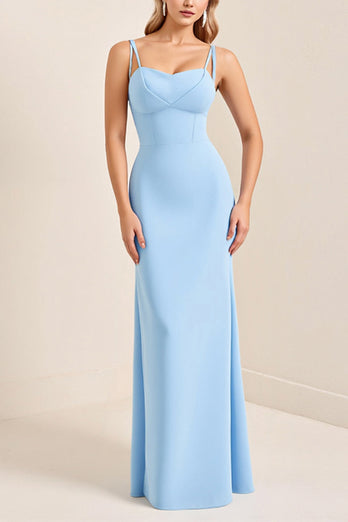 Simple Sky Blue Sheath Spaghetti Straps Maxi Bridesmaid Dress