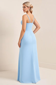 Simple Sky Blue Sheath Spaghetti Straps Maxi Bridesmaid Dress