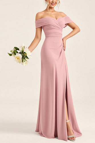 Blush Pink Sheath Off the Shoulder Maxi Bridesmaid Dress with Slit