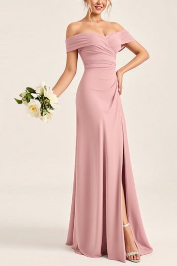 Blush Pink Sheath Off the Shoulder Maxi Bridesmaid Dress with Slit