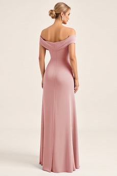 Blush Pink Sheath Off the Shoulder Maxi Bridesmaid Dress with Slit