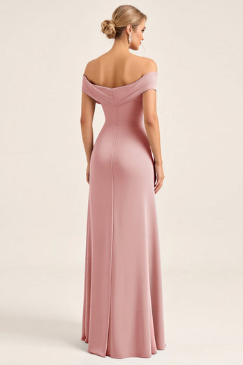Blush Pink Sheath Off the Shoulder Maxi Bridesmaid Dress with Slit