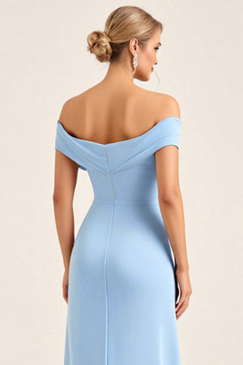 Blush Pink Sheath Off the Shoulder Maxi Bridesmaid Dress with Slit