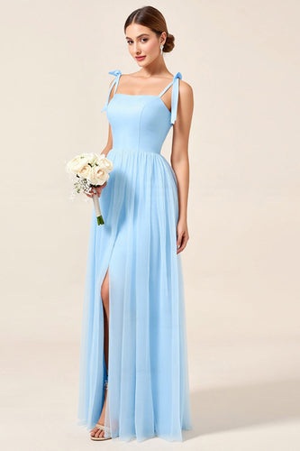 Sky Blue A Line Maxi Spaghetti Straps Bridesmaid Dress with Slit