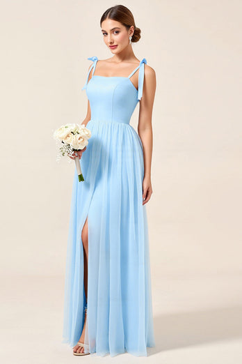 Sky Blue A Line Maxi Spaghetti Straps Bridesmaid Dress with Slit