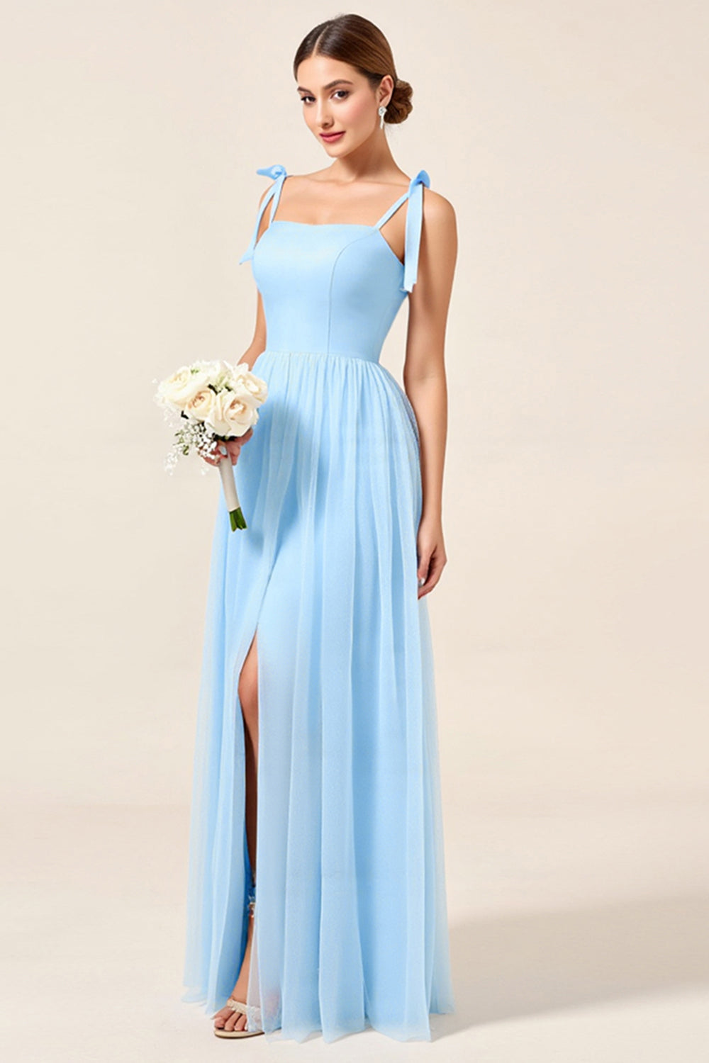 Sky Blue A Line Maxi Spaghetti Straps Bridesmaid Dress with Slit