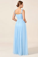 Load image into Gallery viewer, Sky Blue A Line Maxi Spaghetti Straps Bridesmaid Dress with Slit