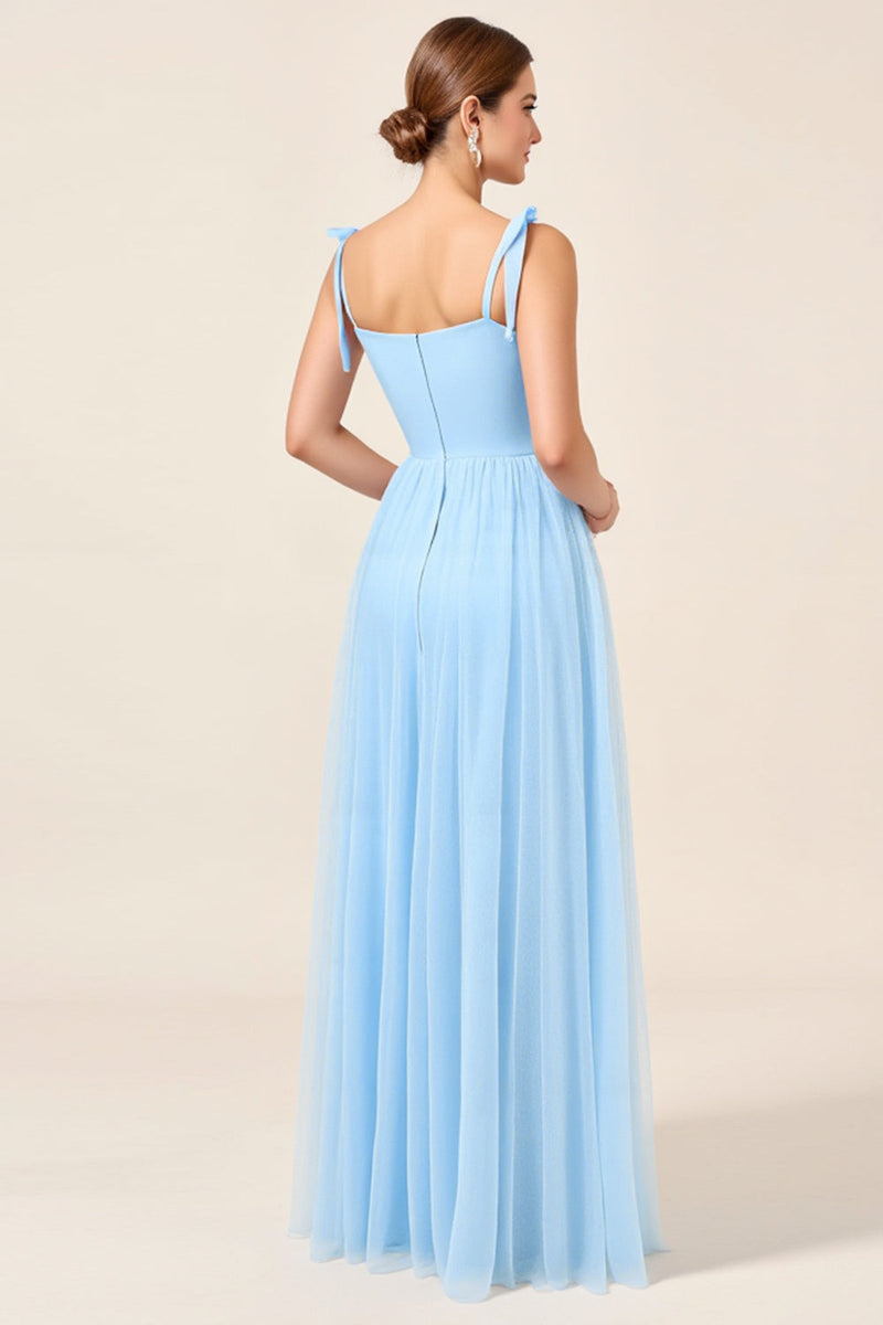 Load image into Gallery viewer, Sky Blue A Line Maxi Spaghetti Straps Bridesmaid Dress with Slit
