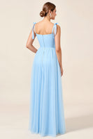 Load image into Gallery viewer, Sky Blue A Line Maxi Spaghetti Straps Bridesmaid Dress with Slit